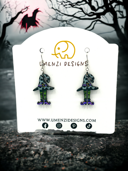 Grey Polka Dot Hat Witch Earrings