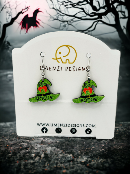 Green Glitter Hocus Pocus Hat Earrings