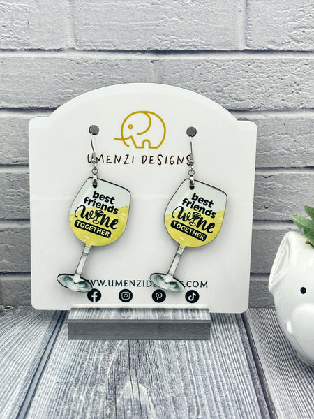 Best Friends Wine Together Wine Glass Earrings (2")