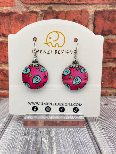 Pink With Blue Swirl Ornament Earrings
