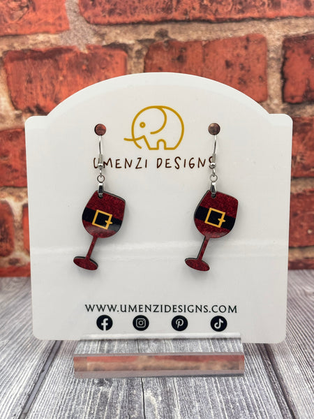 Santa Wine Glass Earrings (1.5")