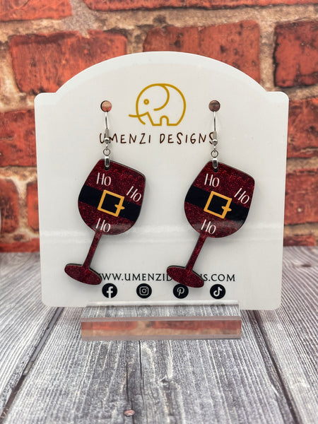 Ho Ho Ho Santa Wine Glass Earrings (2")