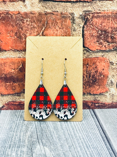 Buffalo Check and Leopard Teardrop Earrings