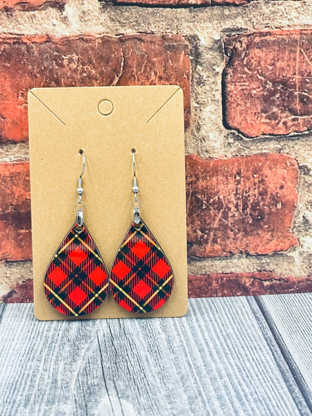 Red Plaid Teardrop Earrings