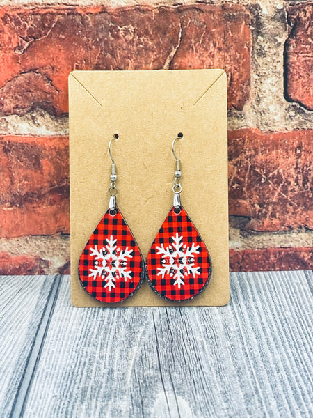 Red Checker Snowflake Teardrop Earrings