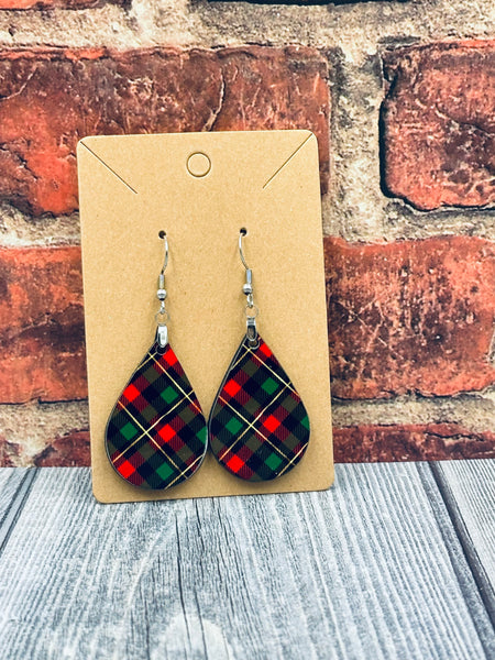 Green and Red Plaid Teardrop Earrings
