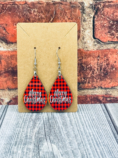 Buffalo Check Merry Christmas Teardrop Earrings