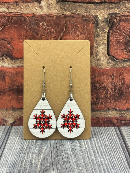 Red Snowflake Teardrop Earrings