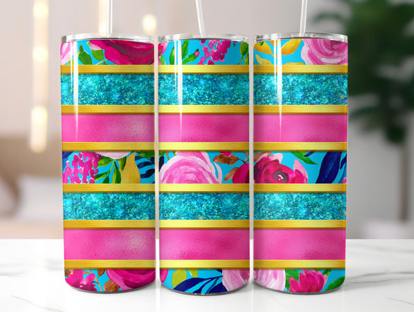 Pink Rose and Turquoise Striped Tumbler