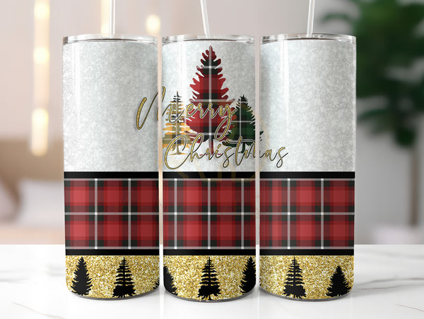 Gold Glitter Red Plaid Merry Christmas