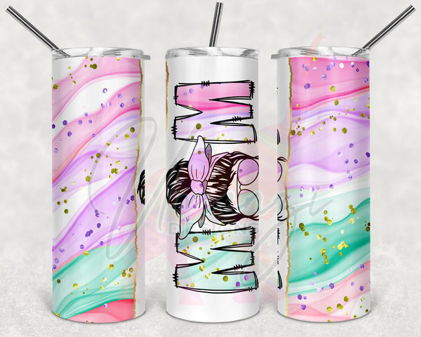 Pastel Swirl Split Messy Bun Mom Tumbler