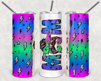 Neon Lighting Bolt Split Messy Bun Mom Tumbler