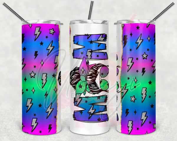 Neon Lighting Bolt Split Messy Bun Mom Tumbler