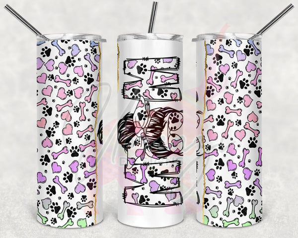 Pastel Dog Love Split Messy Bun Mom Tumbler