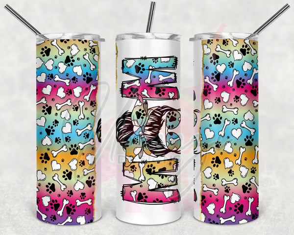 Bright Stripesl Dog Love Split Messy Bun Mom Tumbler