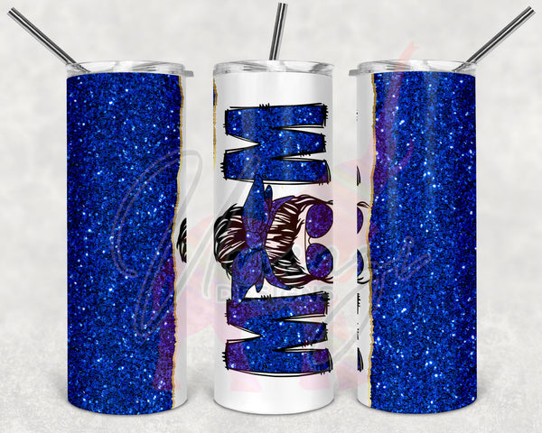 Blue Glitter Split Messy Bun Mom Tumbler