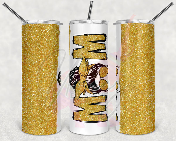 Gold Glitter Split Messy Bun Mom Tumbler