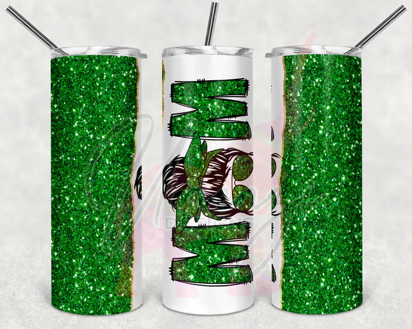 Dark Green Glitter Split Messy Bun Mom Tumbler
