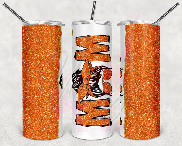 Orange Glitter Split Messy Bun Mom Tumbler