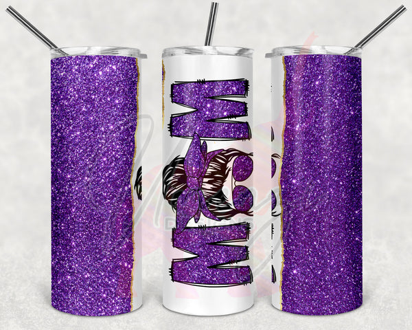 Purple Glitter Split Messy Bun Mom Tumbler
