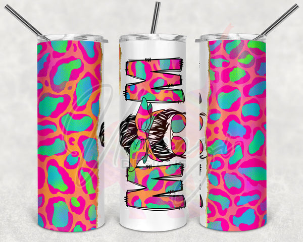 Neon Leopard Split Messy Bun Mom Tumbler