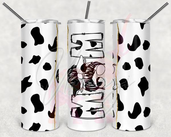 Cow Print Split Messy Bun Mom Tumbler