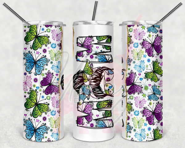 Doodle Butterflies Split Messy Bun Mom Tumbler